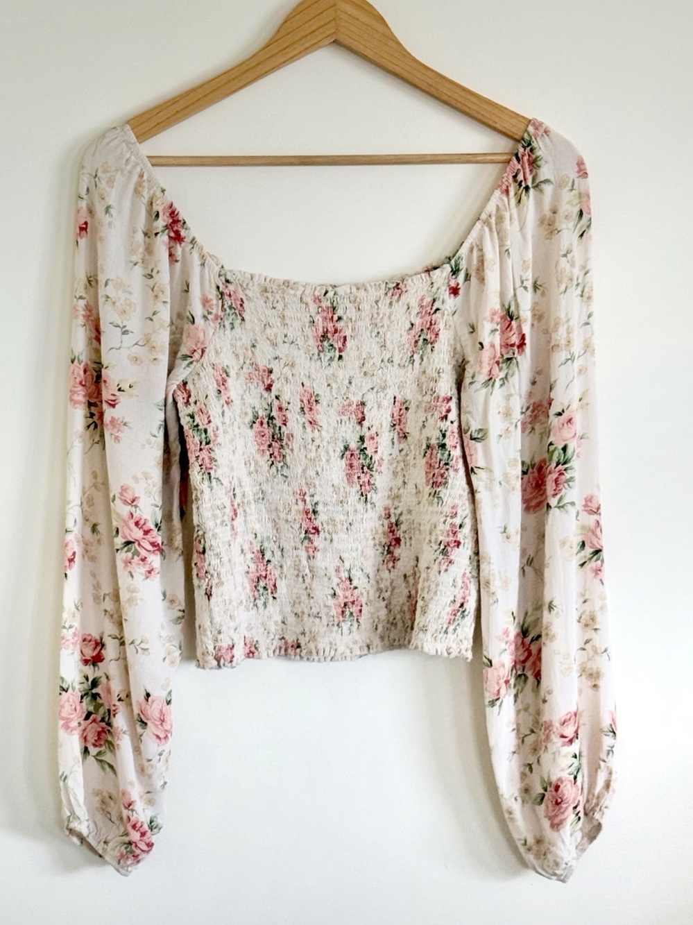 Boho Inspired American Eagle Outfitters Cream Floral Smocked Off-Shoulder Blouse